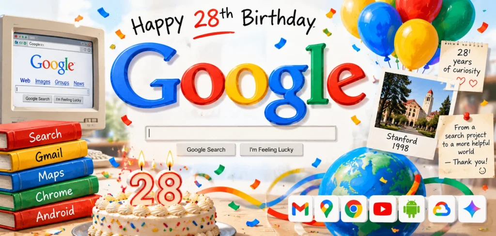 Google 28th birthday 2026 nostalgic Doodle featuring the company's early visual identity