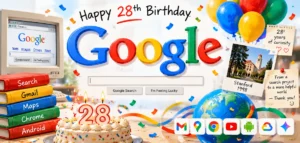 Google 28th birthday 2026 nostalgic Doodle featuring the company's early visual identity