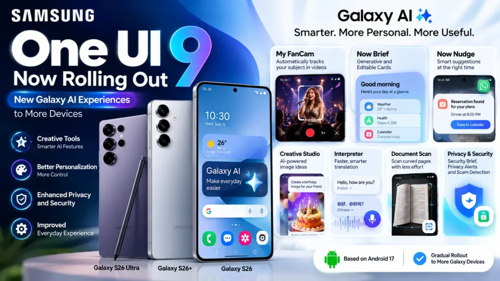 Samsung One UI 9 rollout showing new Galaxy AI features on compatible Galaxy devices