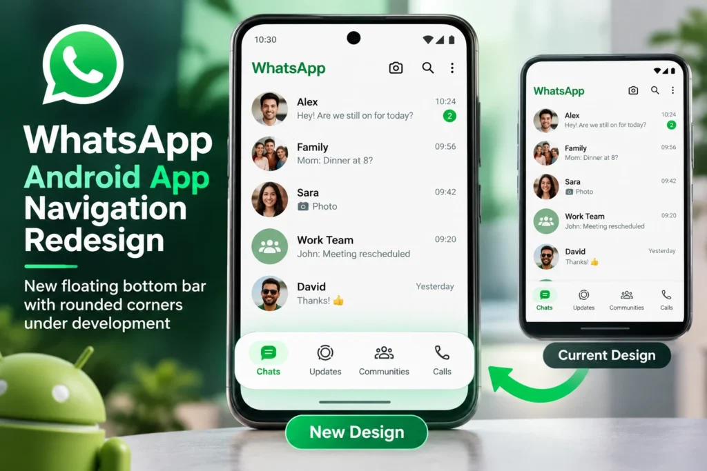 WhatsApp Android app showing a redesigned floating bottom navigation bar