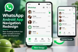 WhatsApp Android app showing a redesigned floating bottom navigation bar